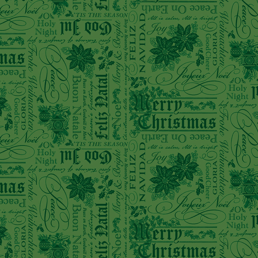Poinsettias at Christmas Quilt Fabric Text Green C17632-GREEN