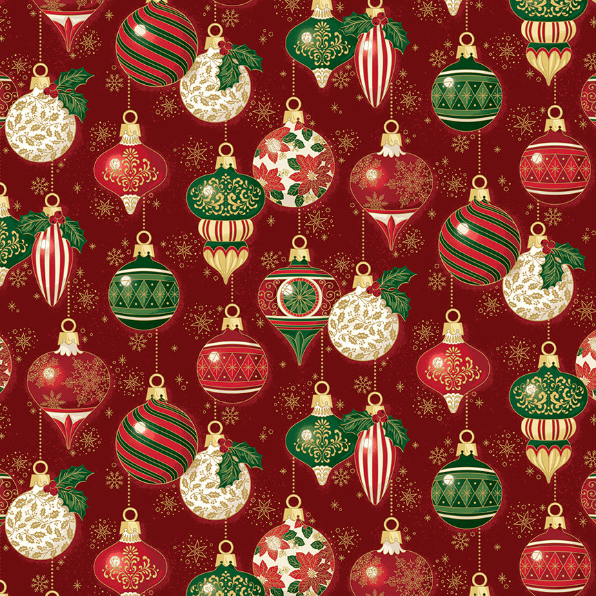Poinsettias at Christmas Quilt Fabric Ornaments Red Foil CF17631-RED