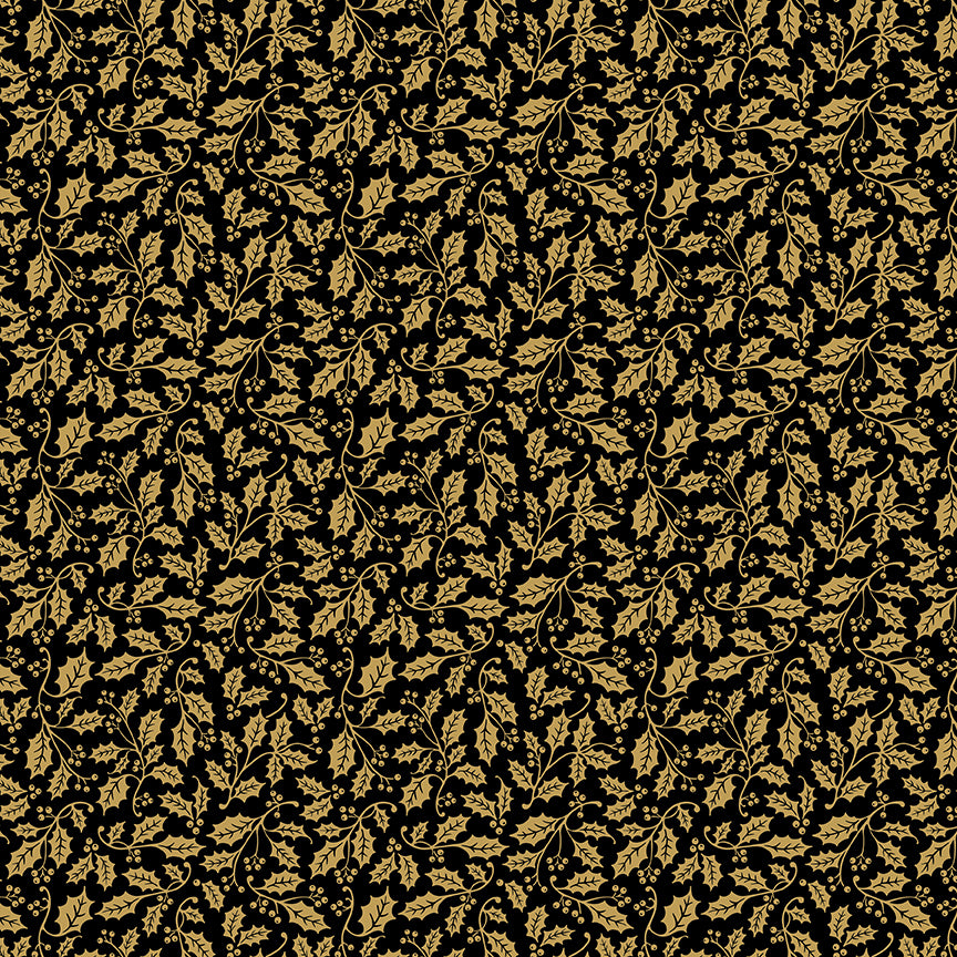 Poinsettias at Christmas Quilt Fabric Holly Black Foil CF17636-BLACK