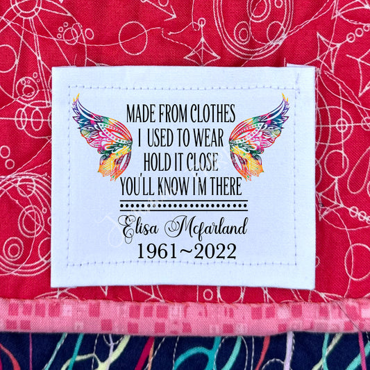 Memory quilt labels with multi-colored wings. 4 x 3" Personalized