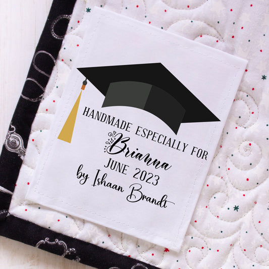 Graduation Quilt Label personalized with the name of the graduate, a date and the name of the quilter