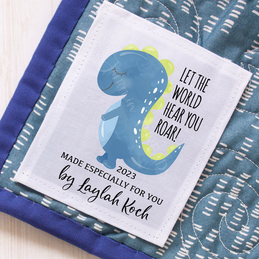 Let the World Hear You Roar. Personalized dinosaur baby quilt labels