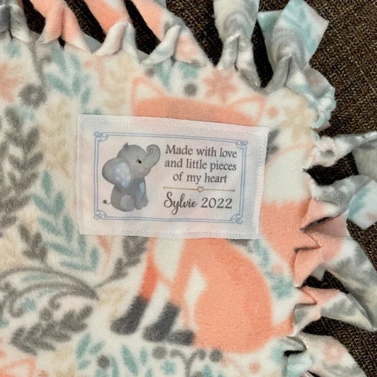 Blue and gray elephant quilt labels. Personalized baby quilt labels - Jammin Threads