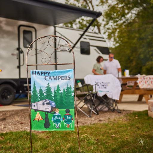 camper flag to decorate campsite with personalization and travel trailer