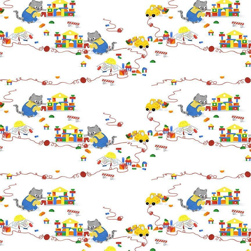 Cats at Work Quilt Fabric Kitty Blocks STELLA - DLW3198 WHITE - Jammin Threads