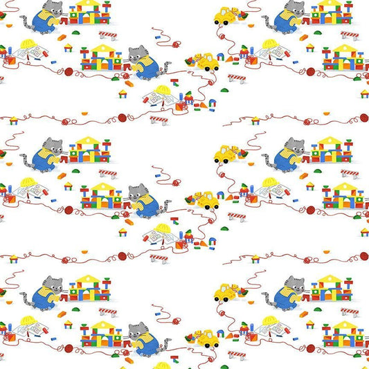 Cats at Work Quilt Fabric Kitty Blocks STELLA - DLW3198 WHITE - Jammin Threads