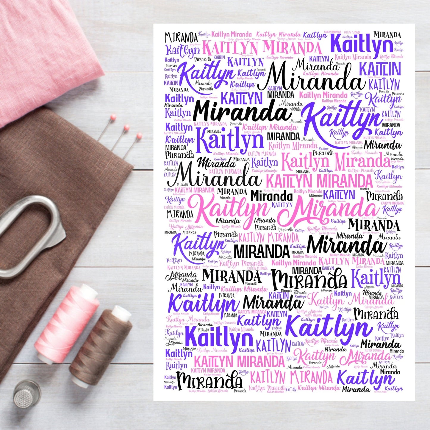 Custom 12 x 18" Fabric Panel – Personalized Name or Words in Purple, Pink and Black - Jammin Threads
