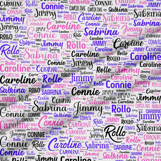 Custom 12 x 18" Fabric Panel – Personalized Name or Words in Purple, Pink and Black - Jammin Threads