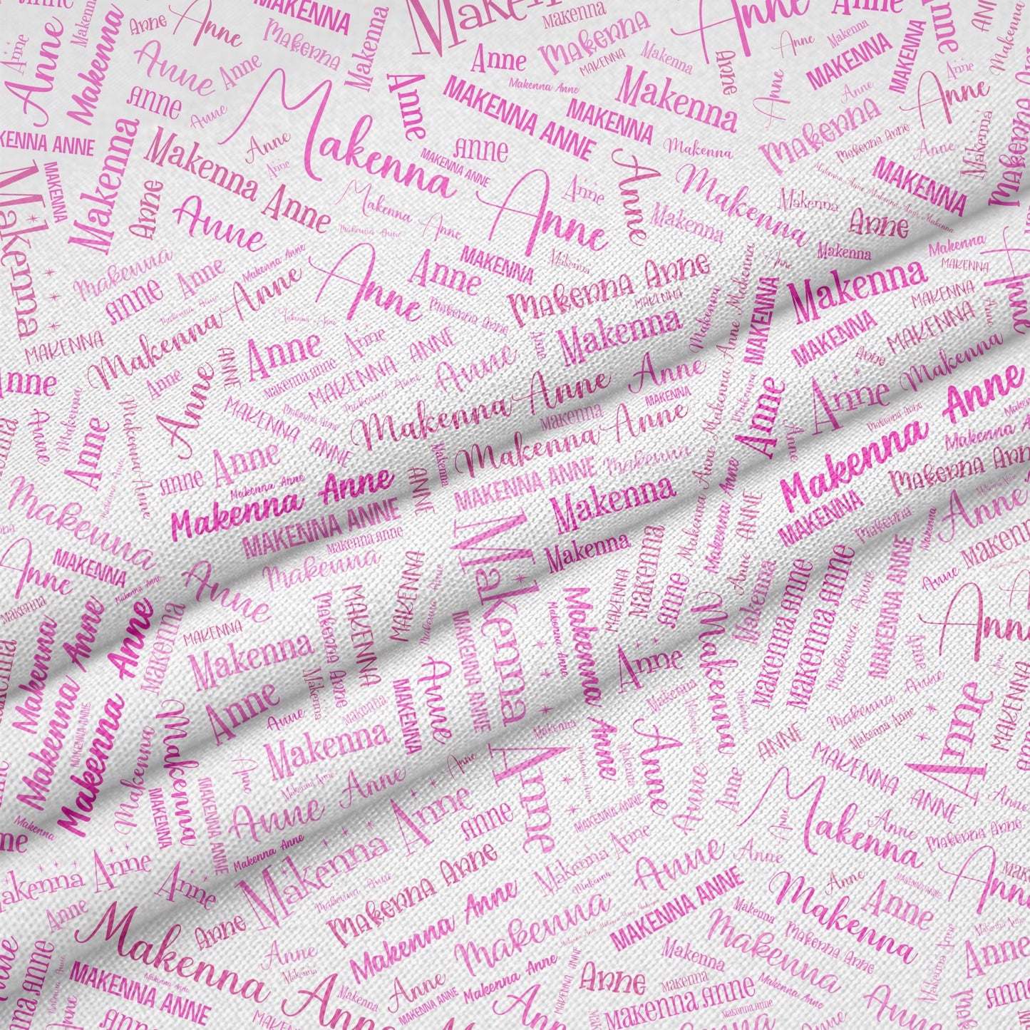 Custom Printed Fabric Panel – 12" x 18" White Polyester with Pink Lettering - Jammin Threads