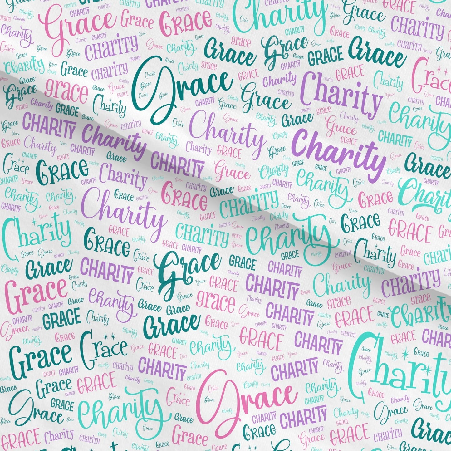 Customized white fabric panel printed with shades of green, pink lettering - Jammin Threads
