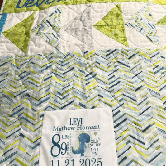 Dinosaur Baby Quilt Block. Personalized baby quilt label with all of baby's birth information - Jammin Threads