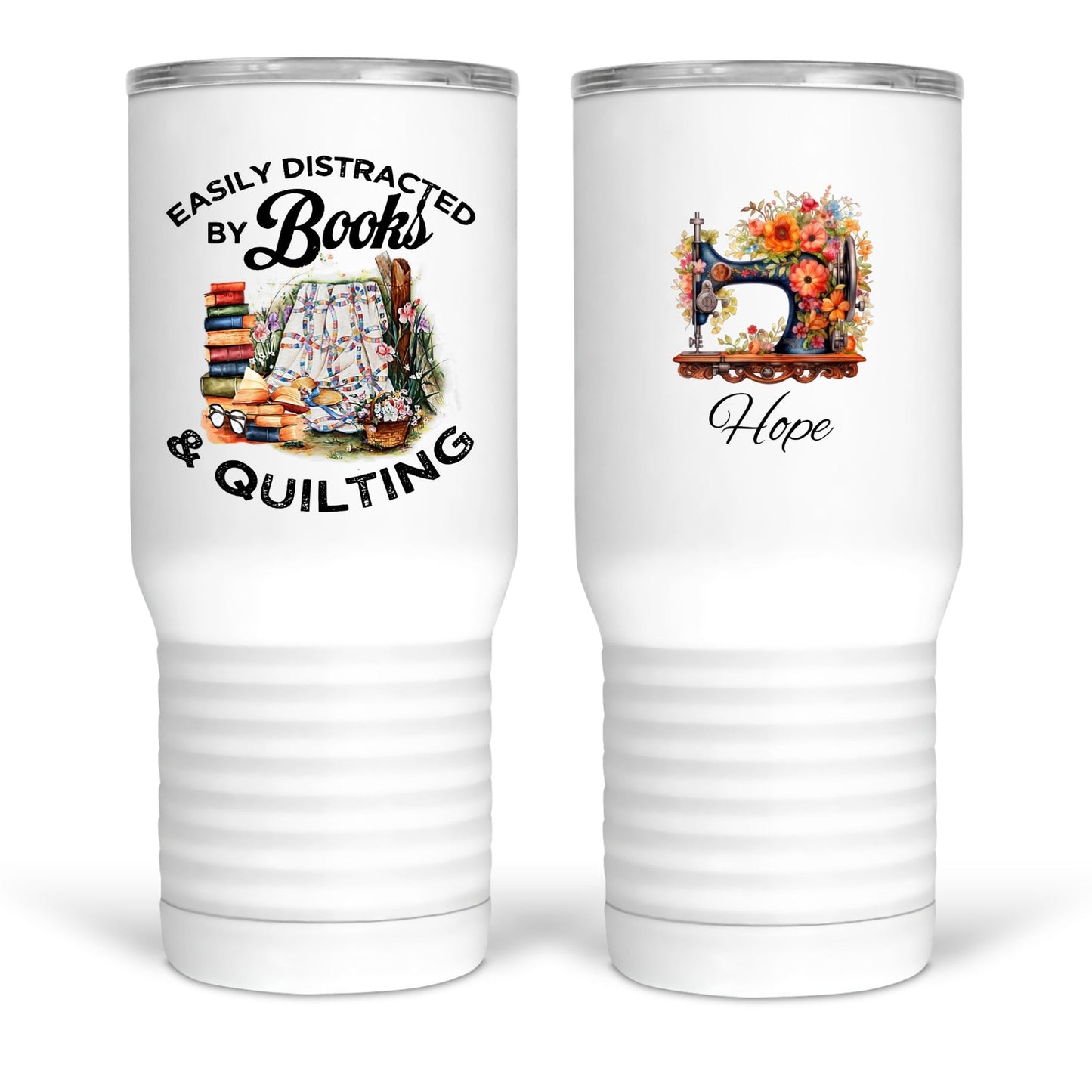 Easily Distracted by Books and Quilting - Cute, personalized insulated tumbler - Jammin Threads