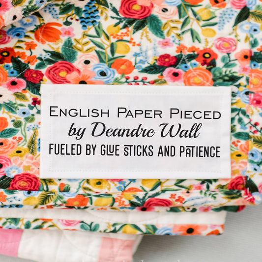 English Paper Pieced Quilt Labels – Fueled by Glue Sticks and Patience – Personalized EPP Labels – Cotton – 10 per Sheet - Jammin Threads