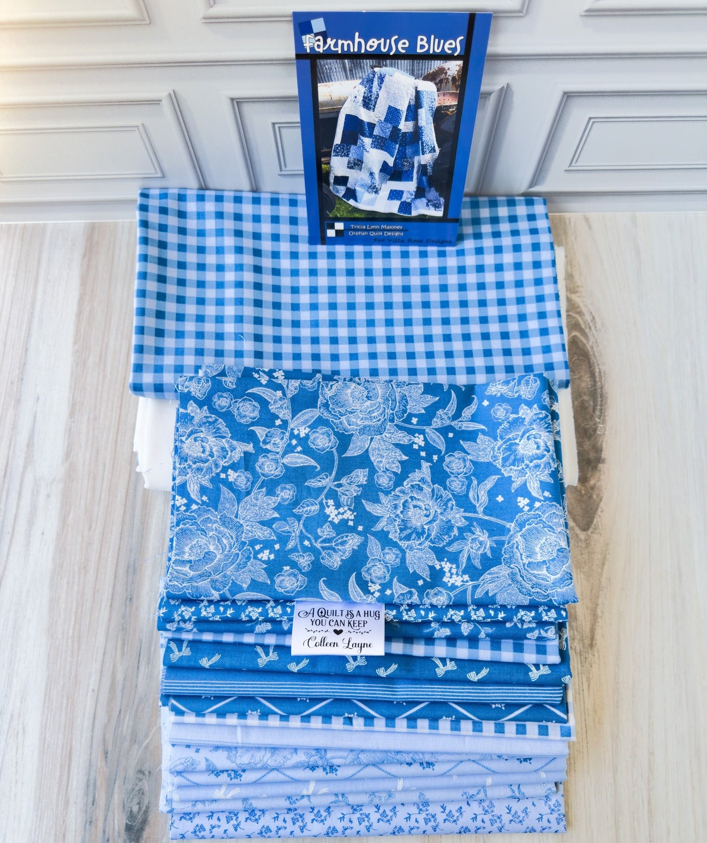 Farmhouse Blues Quilt Kit – Penelope Collection by Riley Blake – Includes Pattern, Fabrics & Personalized Satin Tag - Jammin Threads