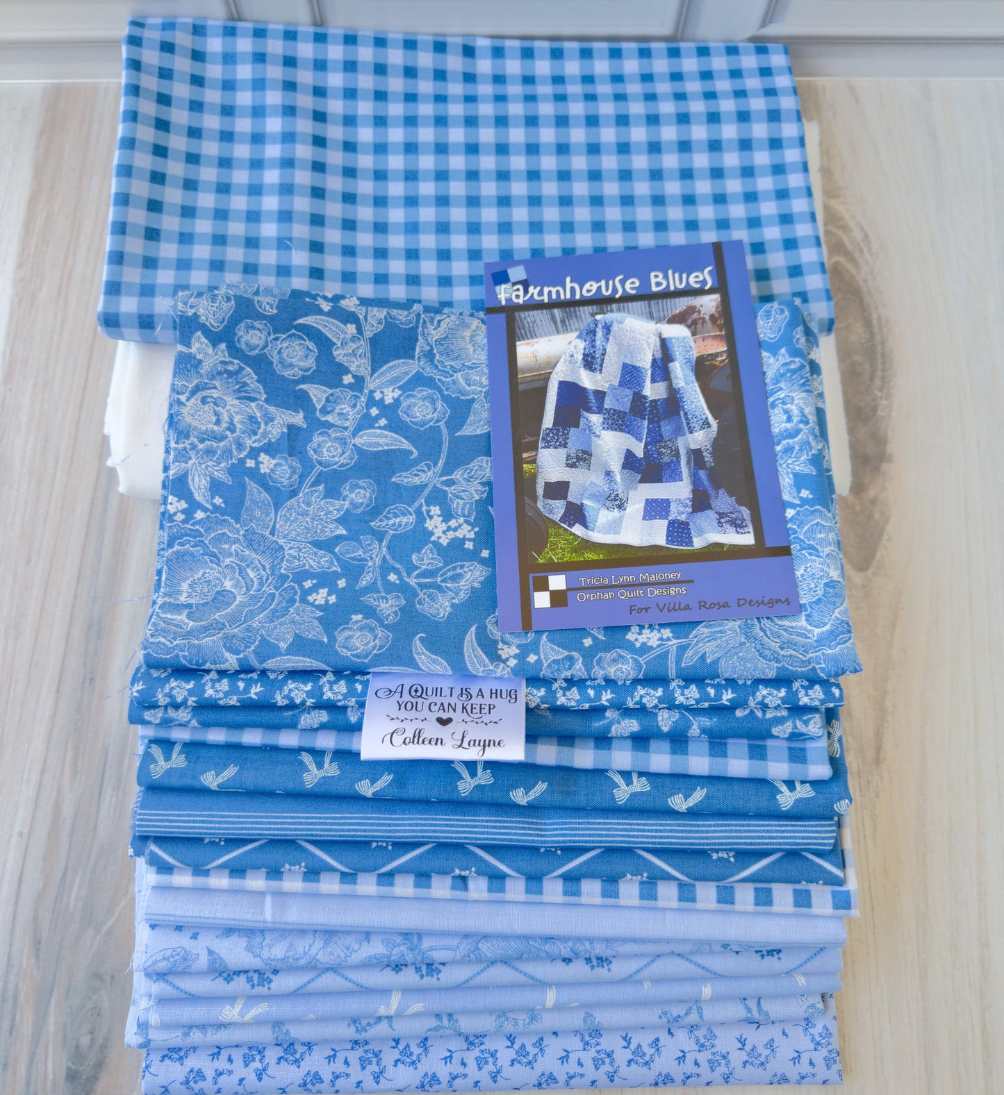 Farmhouse Blues Quilt Kit – Penelope Collection by Riley Blake – Includes Pattern, Fabrics & Personalized Satin Tag - Jammin Threads