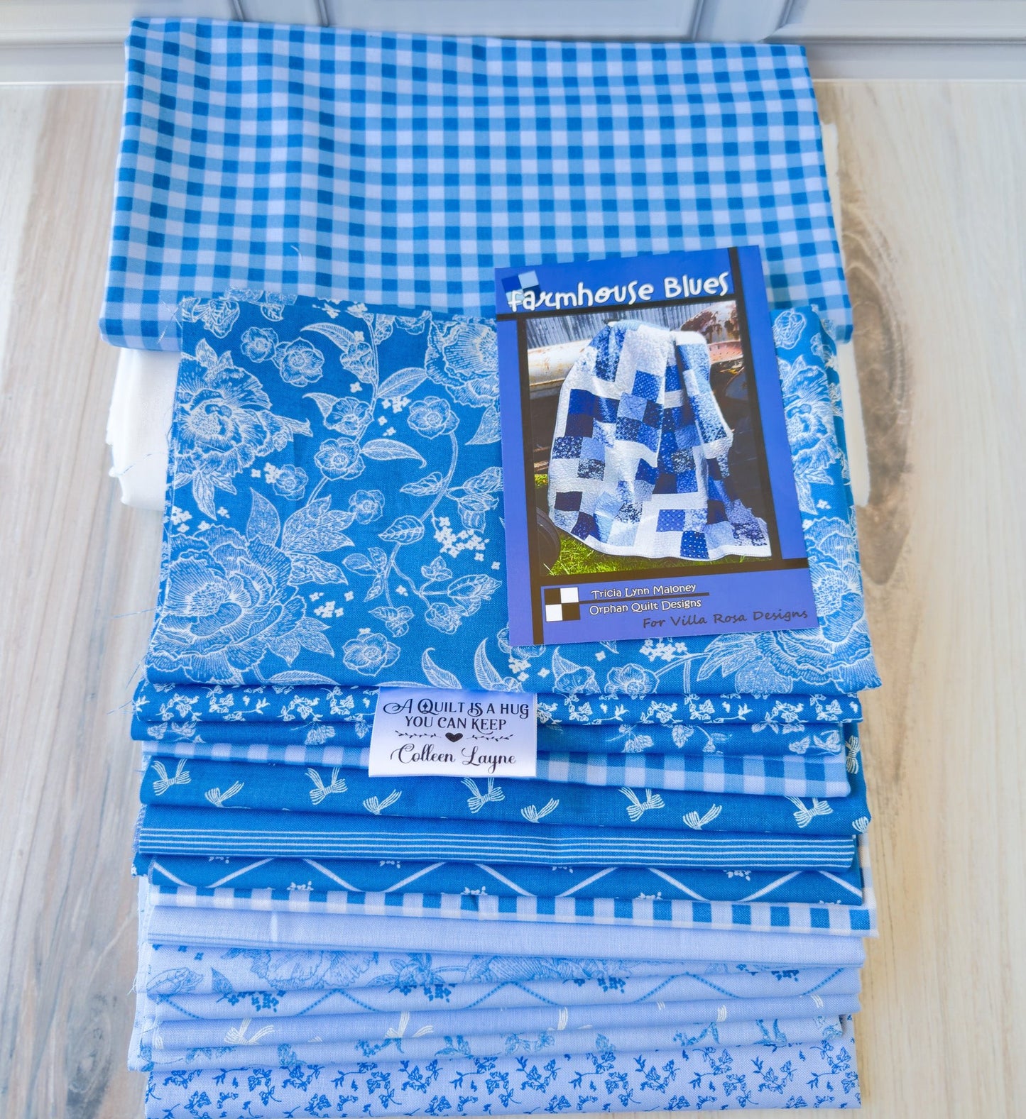 Farmhouse Blues Quilt Kit – Penelope Collection by Riley Blake – Includes Pattern, Fabrics & Personalized Satin Tag - Jammin Threads