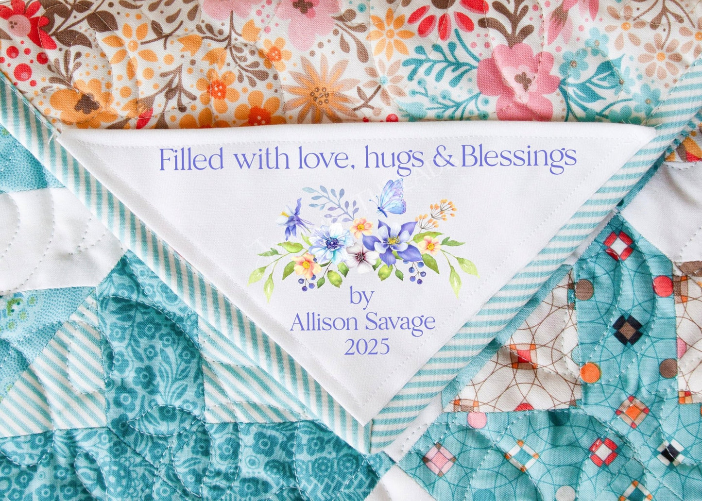Filled with Love, Hugs and Blessings - Floral corner quilt label - Jammin Threads