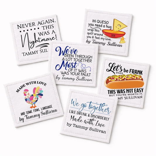 Funny Assorted Quilt Labels – Personalized Quilt Gift Labels – 6 Humorous Quilt Labels Per Sheet - Jammin Threads