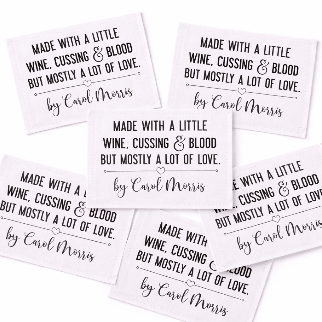 Funny Personalized Quilt Label – Made with a Little Wine, Cussing & Love – Custom Name Quilt Labels – Cotton or Polyester – 6 Per Sheet - Jammin Threads