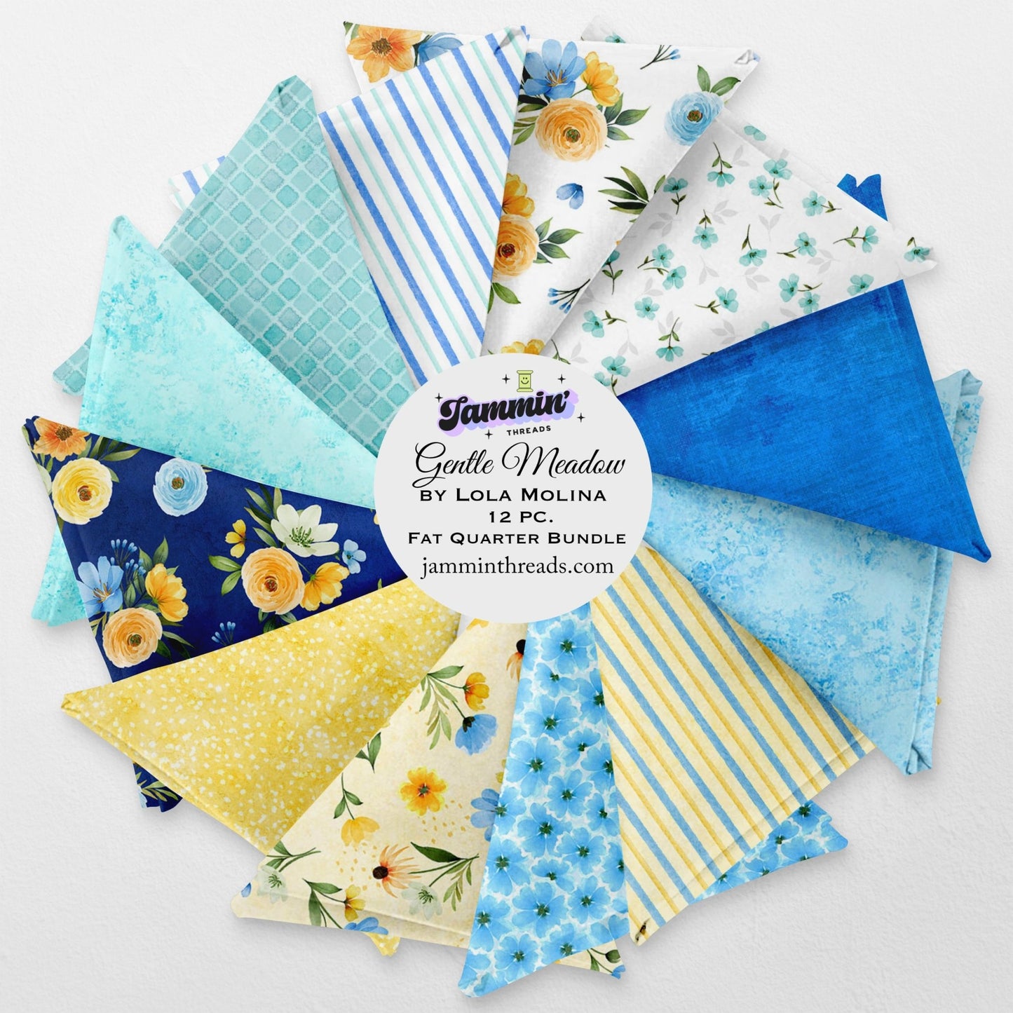 Gentle Meadow Fat Quarter Bundle – 12 Piece Set by Lola Molina for Wilmington Prints – Floral Blue Yellow Quilt Fabric – Curated by Jammin’ Threads - Jammin Threads