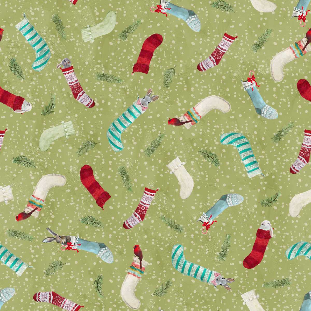 Holly Woods Christmas Quilt Fabric Critter Stockings 9245-61 Sage - Jammin Threads