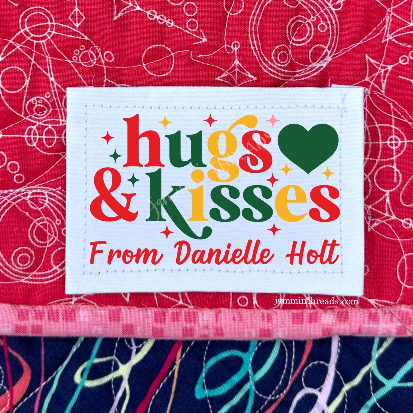 Hugs & Kisses Christmas Quilt Labels • Red, Green & Gold • Personalized • 9 Cotton Labels per Sheet • 2" x 1.25" - Jammin Threads