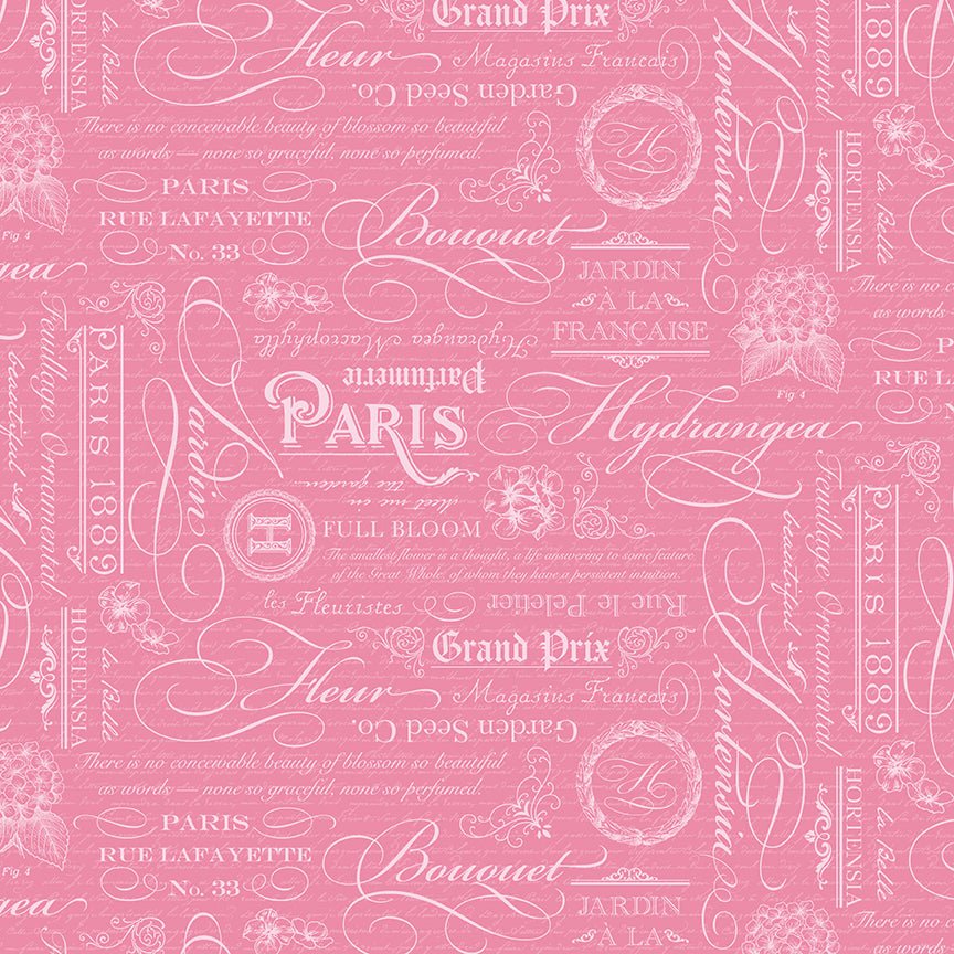 Hydrangeas in the Garden Quilt Fabric Text Rose Pearl CPL16833 - ROSE - Jammin Threads