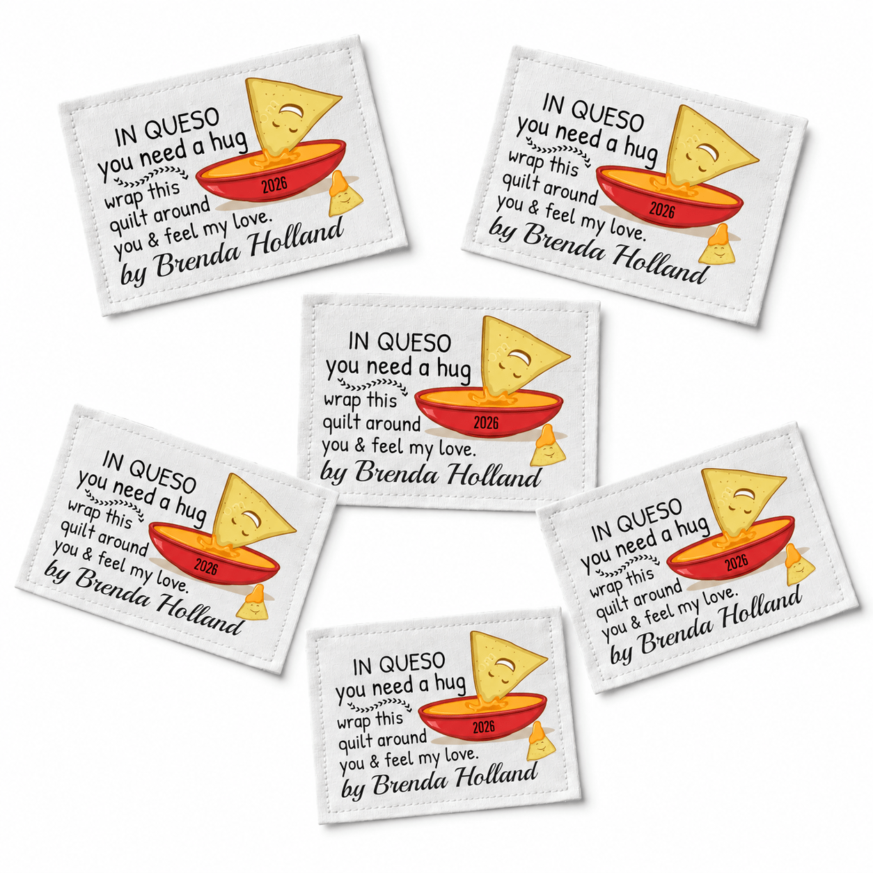 In Queso You Need a Hug Quilt Labels – Funny Pun Quilt Label with Queso & Nacho – Personalized - Jammin Threads