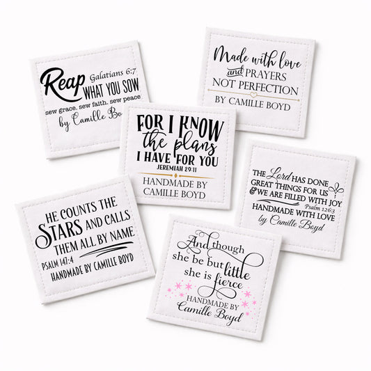 Inspirational Bible Verse Quilt Labels – Personalized Sew - On Labels (6 Per Sheet), Christian Quilt Tags, Cotton or Polyester - Jammin Threads