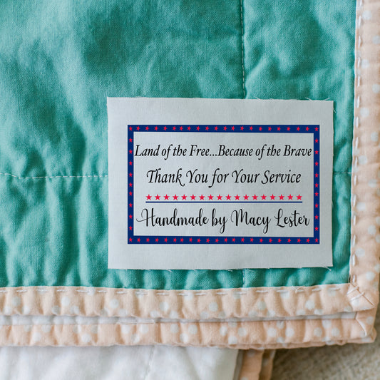 Land of the Free Because of the Brave. Personalized, patriotic quilt labels