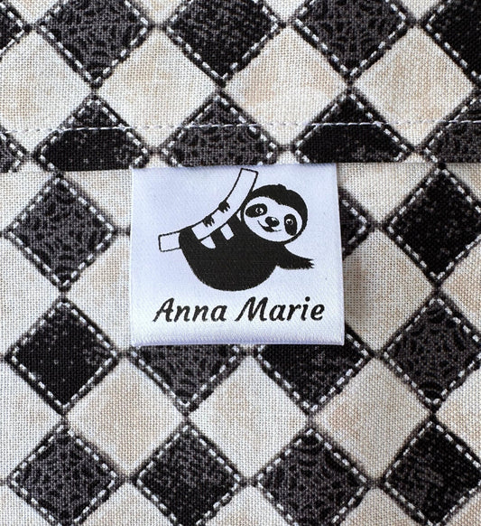 Little Sloth Satin Quilt Labels. 1 inch satin quilt craft labels and tags - Jammin Threads