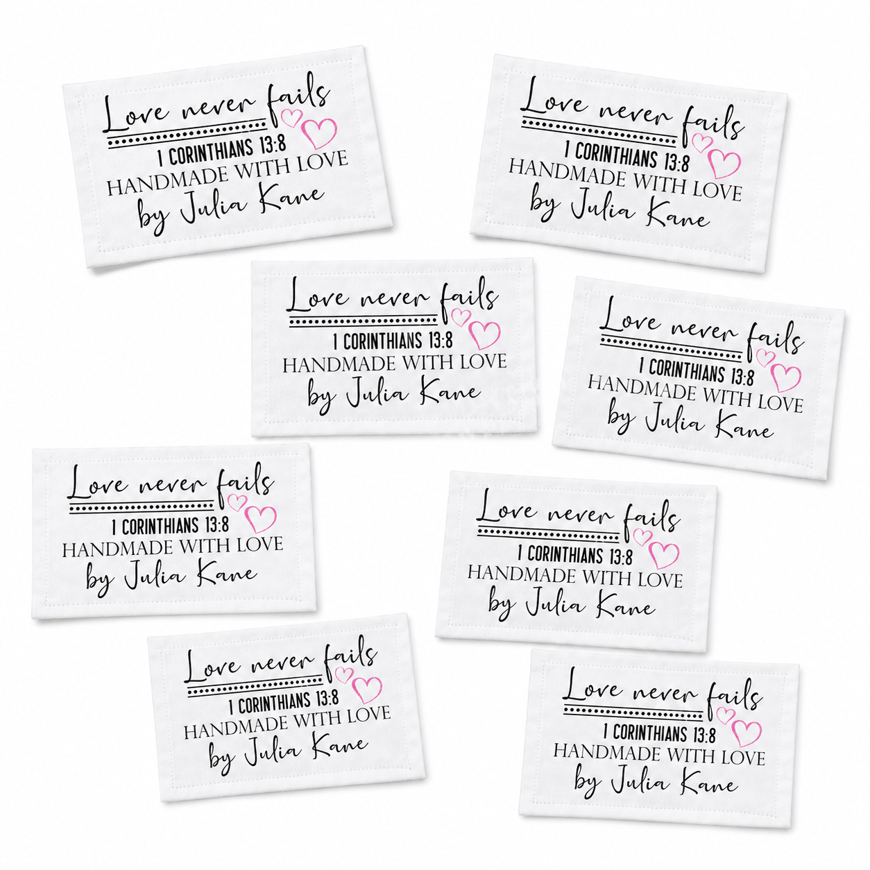 Love Never Fails Personalized Quilt Labels | 1 Corinthians 13:8 Custom Quilt Tags - Jammin Threads