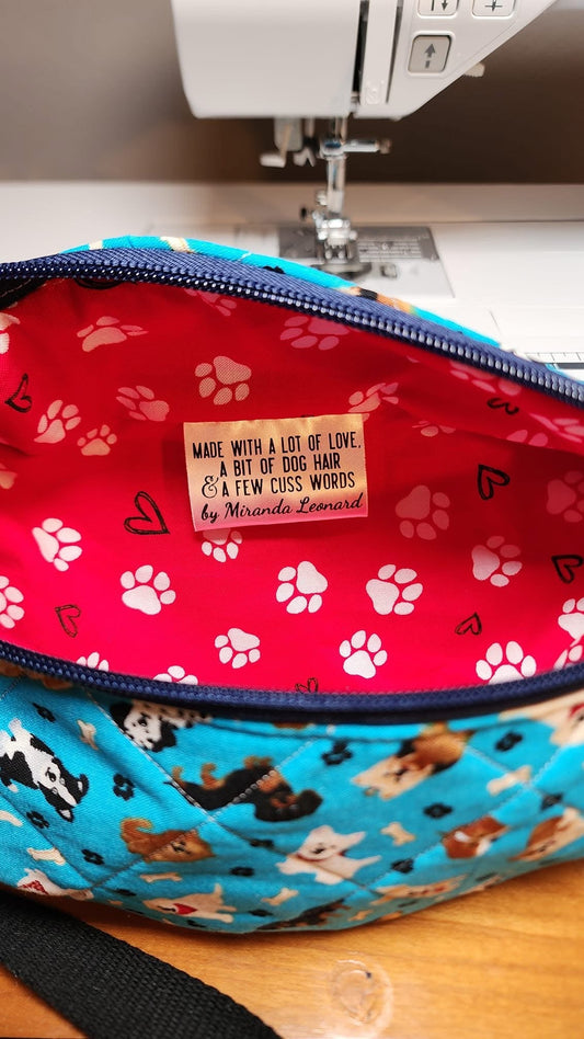 Made with Love, A bit of Dog Hair, and Few Cuss Words. Personalized Satin Quilt Labels - Jammin Threads