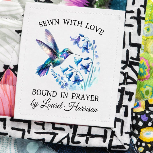 Made with Love Bound in Prayer Personalized Hummingbird Quilt Label | 3x3 Custom Quilt Tag - Jammin Threads