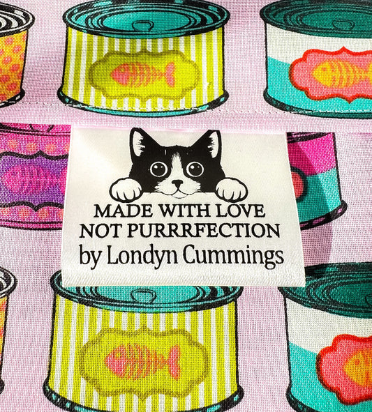 Made with Love Not Purrrfection. Peeking cat satin tags - Jammin Threads