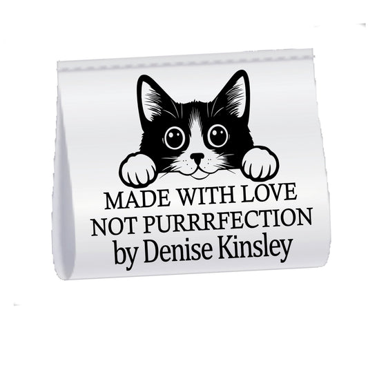 Made With Love Not Purrrfection Satin Sewing Labels | Personalized Cat Sewing Tags | Custom Handmade Labels With Name | Fold Over Fabric Tags (Set of 25) - Jammin Threads