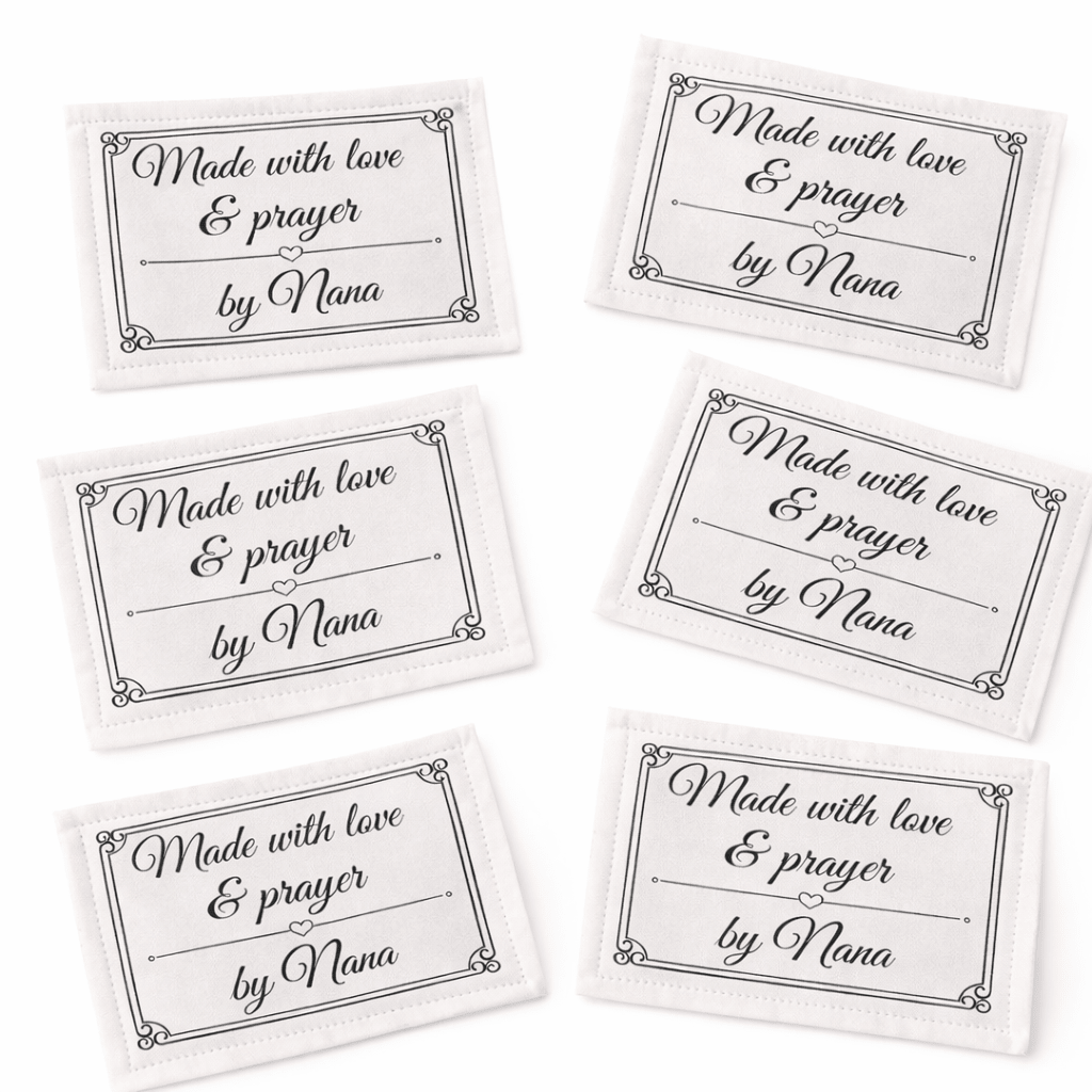 Made with Love & Prayer Quilt Labels – Personalized Name, Ornate Frame Design, 6 Per Sheet, Cotton or Polyester Fabric Tags - Jammin Threads