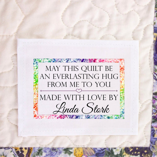 May this Quilt be An Everlasting Hug from Me to You. Handmade quilt labels - Jammin Threads