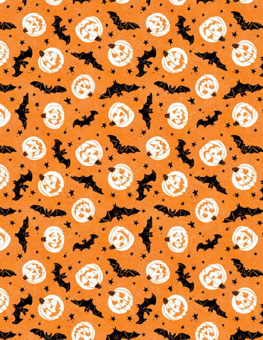 Midnight Hauntings Bats and Pumpkins Orange Halloween Quilt Fabric by Michael Davis for Wilmington Prints 3008 96487 819 - Jammin Threads