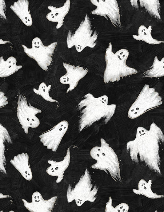Midnight Hauntings Ghosts All Over Black Halloween Quilt Fabric by Michael Davis for Wilmington Prints 3008 96483 919 - Jammin Threads