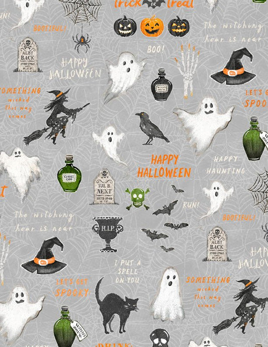 Midnight Hauntings Large All Over Gray Halloween Quilt Fabric by Michael Davis for Wilmington Prints 3008 96482 919 - Jammin Threads