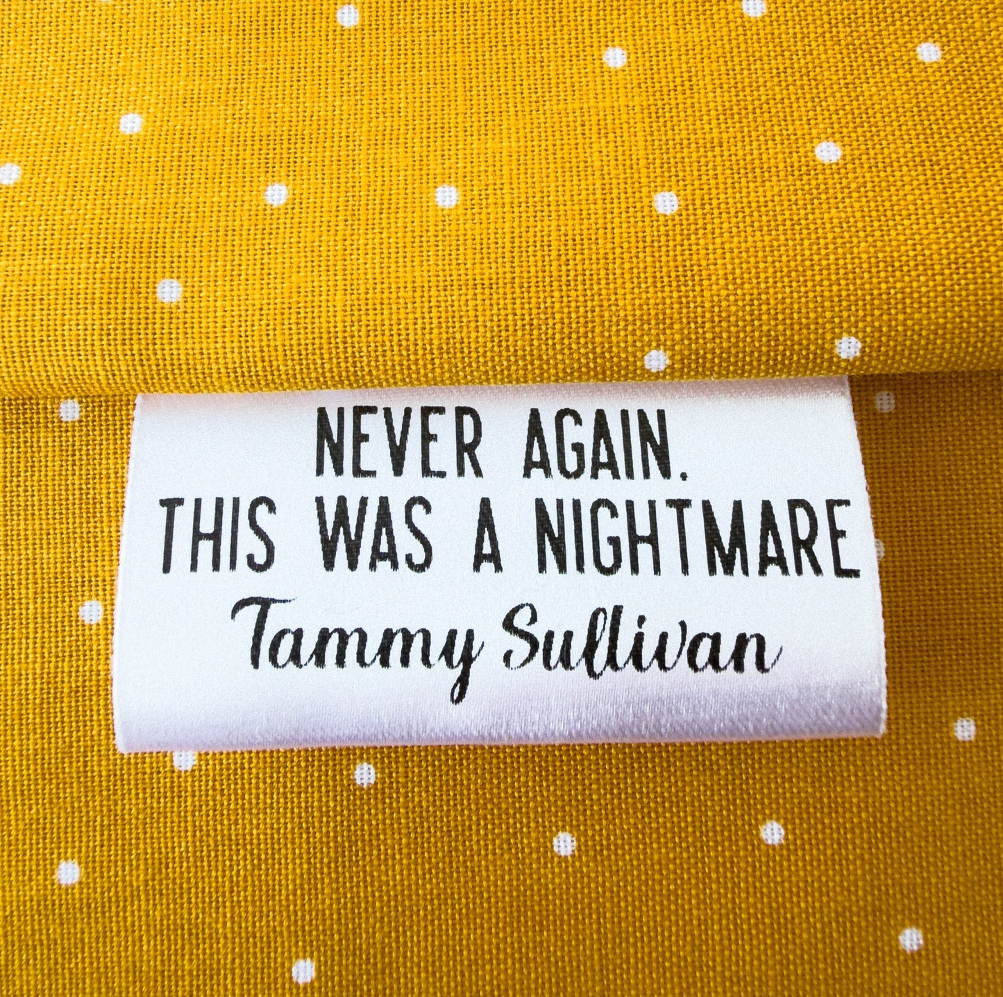 “Never Again, This Was a Nightmare!” Satin Quilt Tags – Funny Personalized Quilter Tags | Set of 25 (2" x .75") - Jammin Threads
