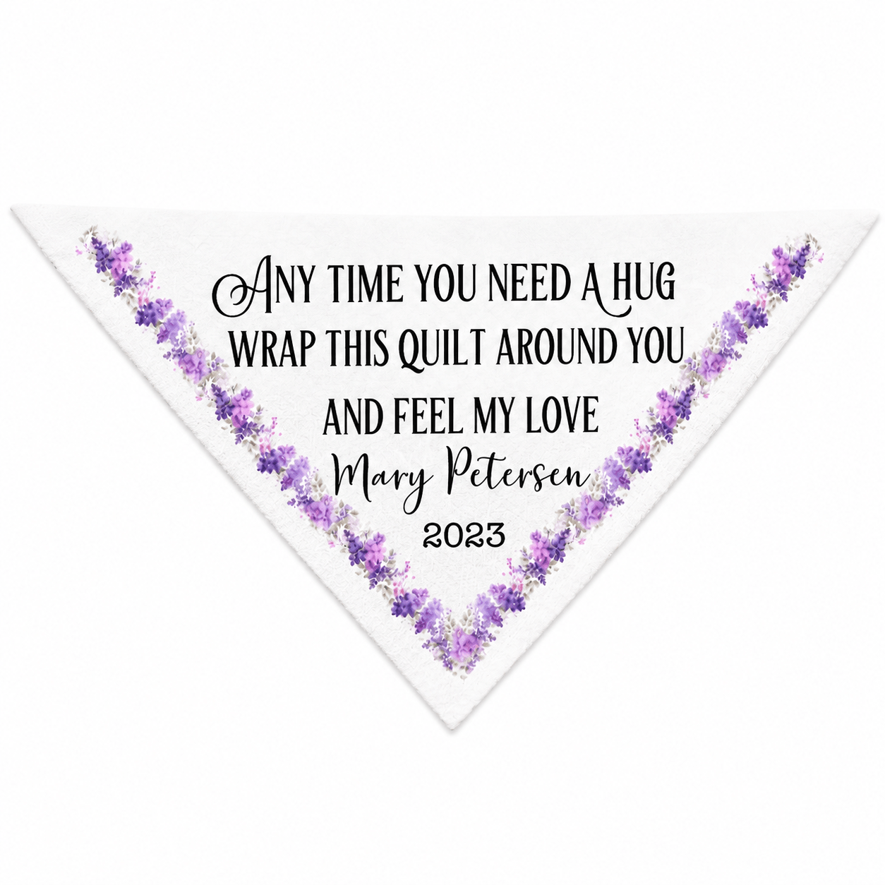Personalized Corner Quilt Label with Purple Floral Border – “Anytime You Need a Hug” Quilt Label, Custom Quilt Corner Tag - Jammin Threads