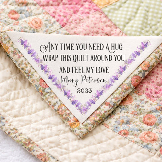 Personalized Corner Quilt Label with Purple Floral Border – “Anytime You Need a Hug” Quilt Label, Custom Quilt Corner Tag - Jammin Threads