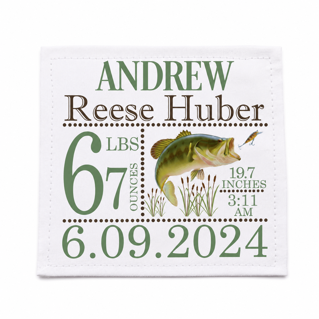 Personalized Fishing Baby Quilt Label | Bass Fish Birth Announcement Quilt Label | Custom Baby Quilt Tag with Birth Stats - Jammin Threads
