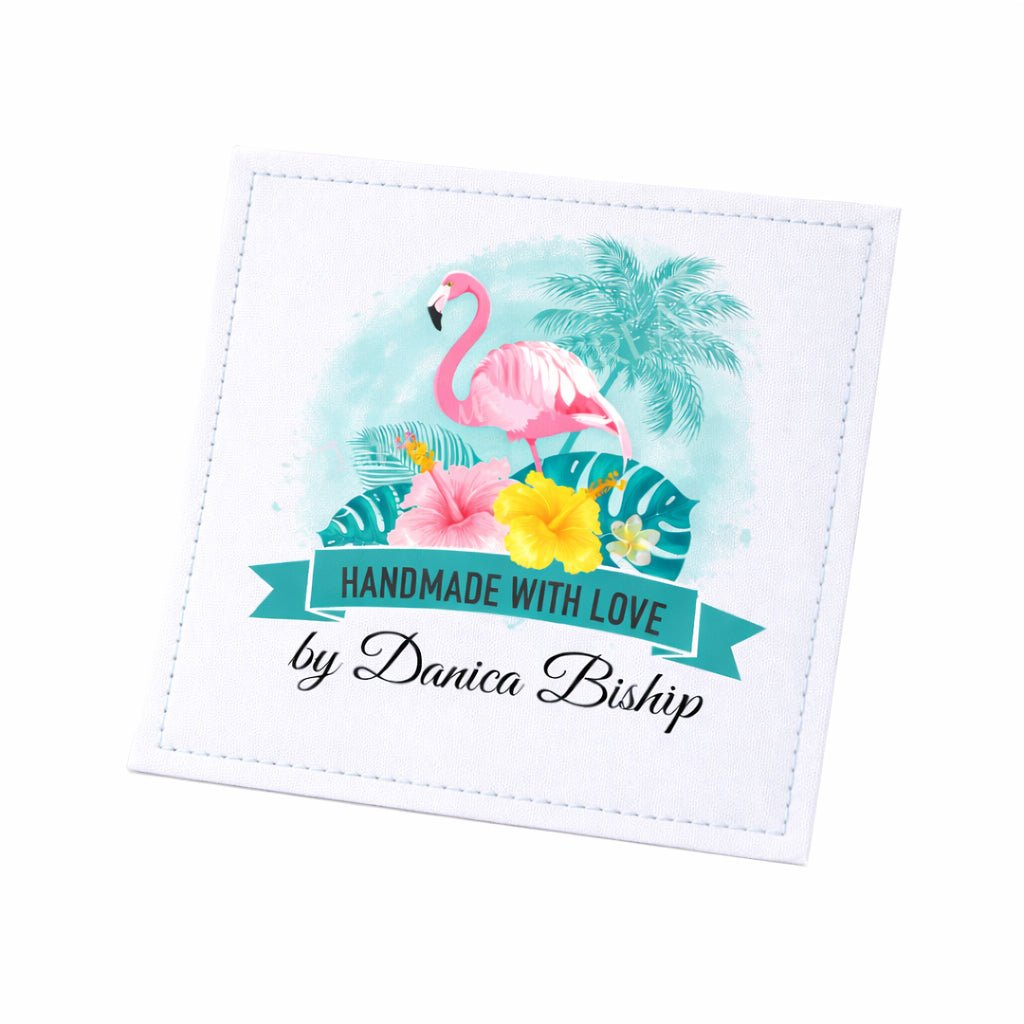 Personalized Flamingo Quilt Labels – Beach Theme “Handmade with Love” Custom Quilt Label with Name, 2.5” Square Fabric Labels (Set of 6) - Jammin Threads