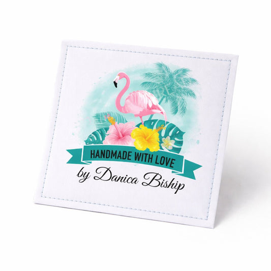 Personalized Flamingo Quilt Labels – Beach Theme “Handmade with Love” Custom Quilt Label with Name, 2.5” Square Fabric Labels (Set of 6) - Jammin Threads