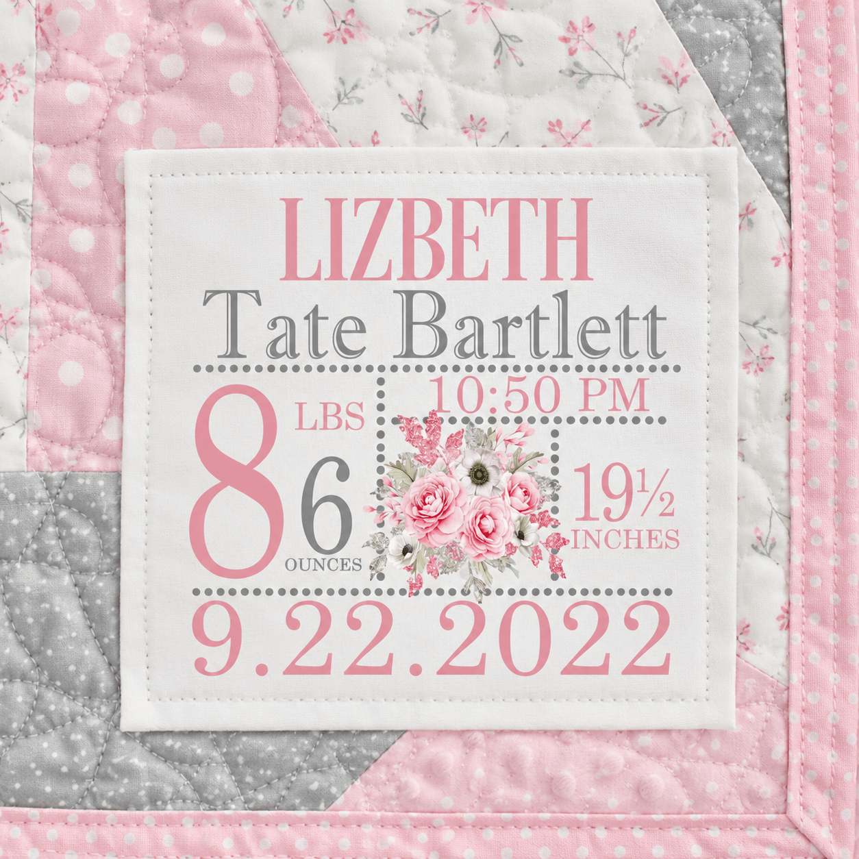Personalized Floral Baby Birth Stats Quilt Label - 5 x 5" - Jammin Threads