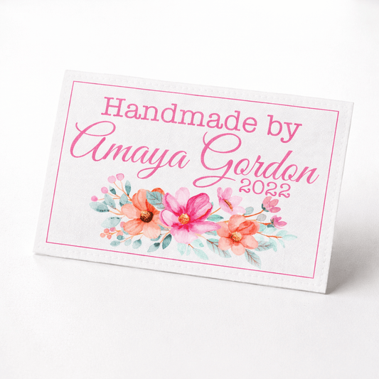 Personalized Floral Quilt Label – Pink Flower Quilt Tag – Custom Handmade By Label – 6 Per Sheet - Jammin Threads