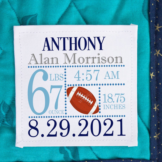 Personalized Football Baby Birth Announcement Quilt Label - Jammin Threads